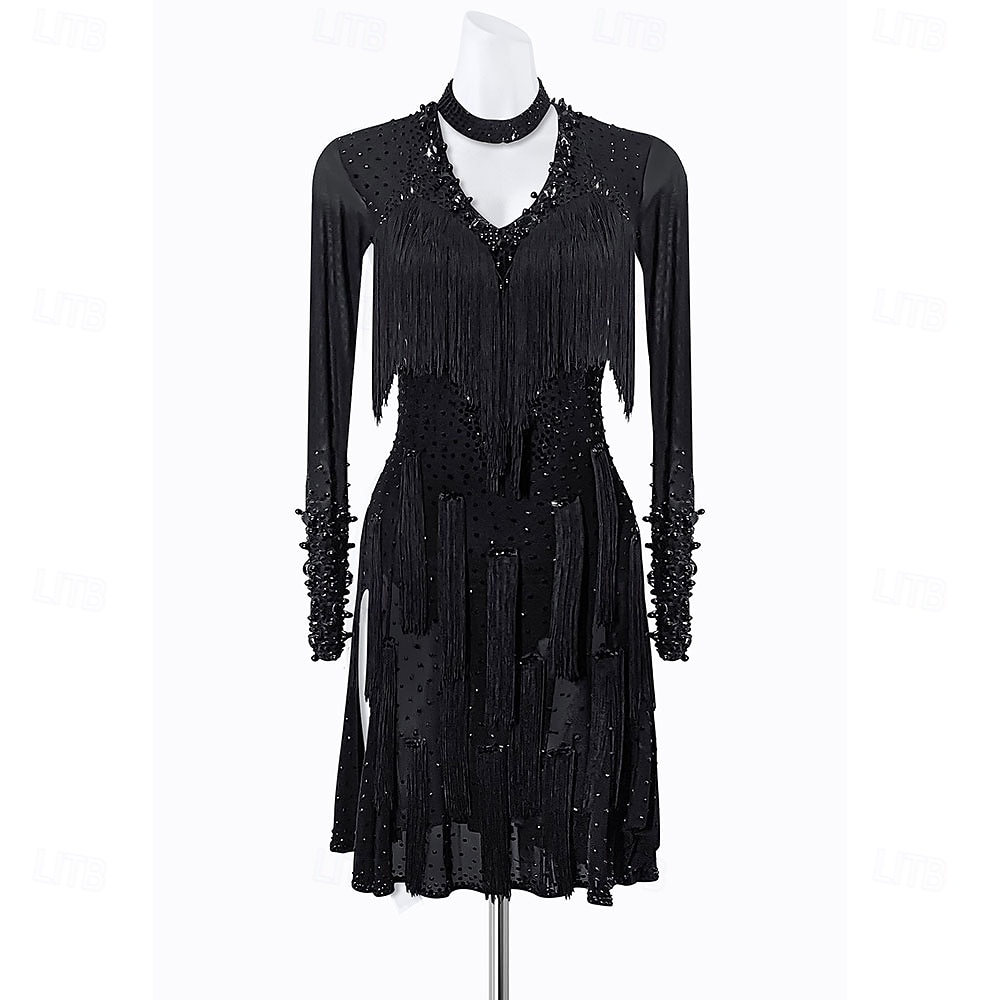 Latin Dance Dress Tassel Splicing Crystals / Rhinestones Women's Training Performance Long Sleeve High Spandex Polyester 2026 - $255.89 –P1