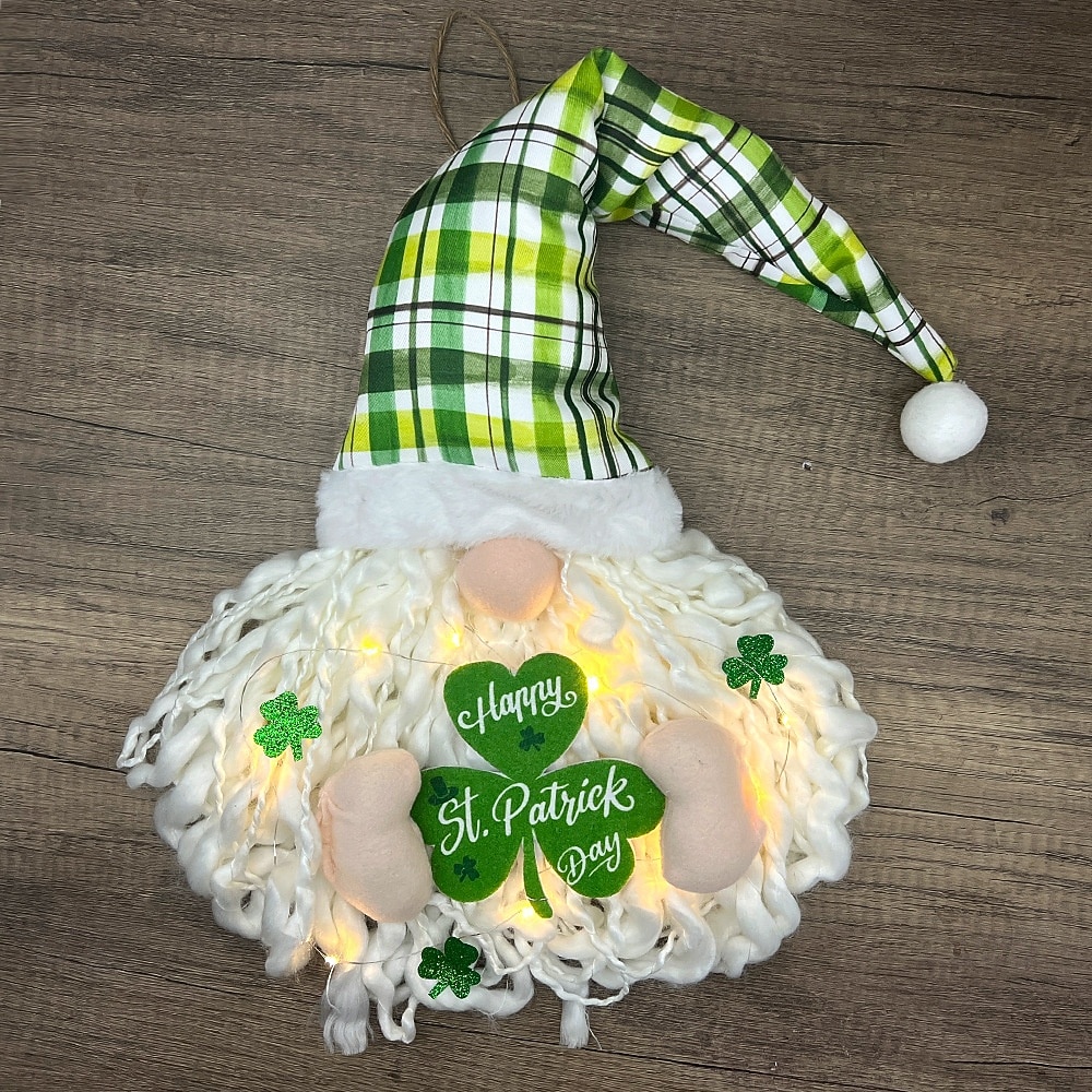 Szent Patrik-napi ír koszorú LED-es fényekkel, lóhere, arctalan baba, törpe dísz, 60x30cm, beltéri/kültéri veranda, fali dekoráció, nappali, étkező, parti ünnepi dekoráció 2026 - $17.99 –P7