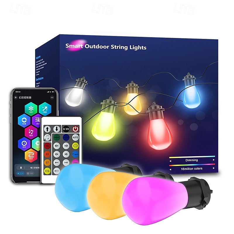 2026年 スマートな屋外用ストリングライト、調光可能な LED 電球を備えた RGB 屋外用ライト、IP65 防水、パティオ、裏庭用のシーンモードを備えた色が変わる温白色ライト、アプリ制御  コレクション – $53.87 –P8