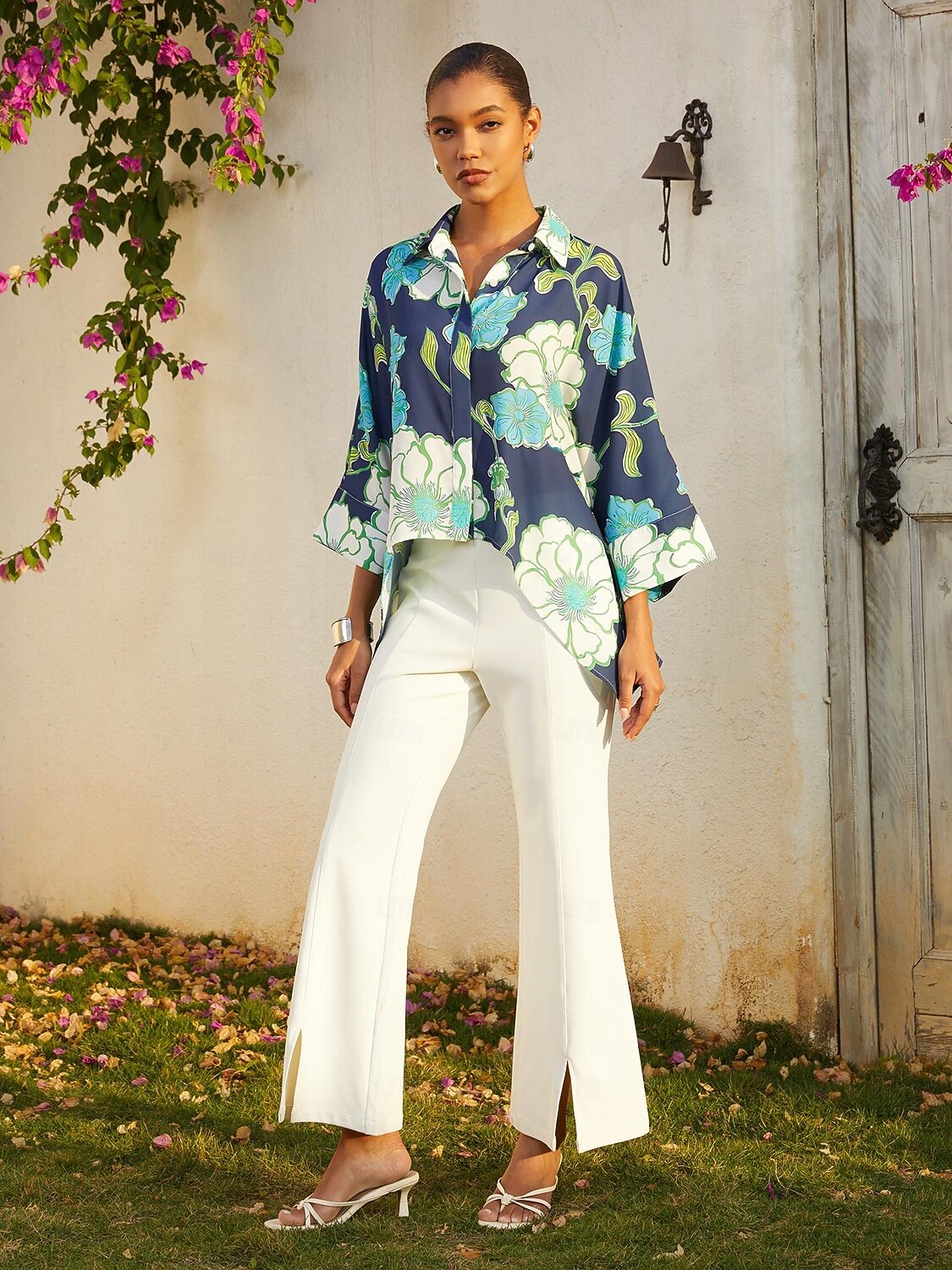camicia corta in chiffon con stampa floreale verde da vacanza del 2026 a $79.99 –P2