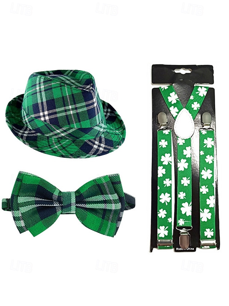 Conjunto de accesorios para disfraz de San Patricio para hombre: sombrero, pajarita y tirantes a cuadros verdes, poliéster con múltiples estampados, ideal para desfiles y fiestas irlandesas. 2026 - $24.99 –P7