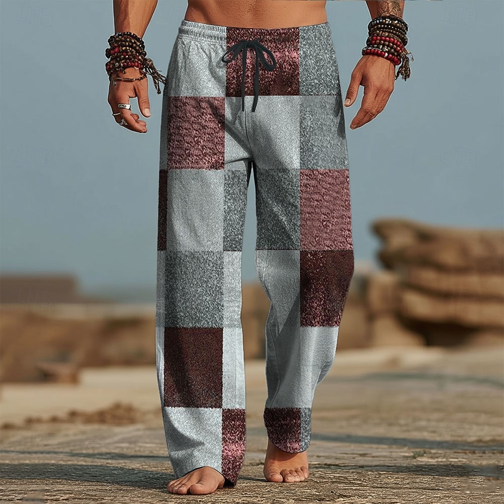 Herren Geometrisch Farbblock Patchwork Hose Freizeithose Baggy-Hosen Mittlere Taille Mode Heim Outdoor Urlaub Elastischer Kordelzug in der Taille Leinenähnliche Hose mit Taschen Sommer Frühling 2026 - $27.99 –P3