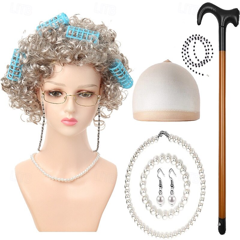 Peluca de anciana con rulos, collar de perlas, pendientes y bastón para mujeres y niñas, disfraz de abuela para cosplay de 100 días de escuela, accesorio para fiesta de Halloween 2026 - $27.99 –P7