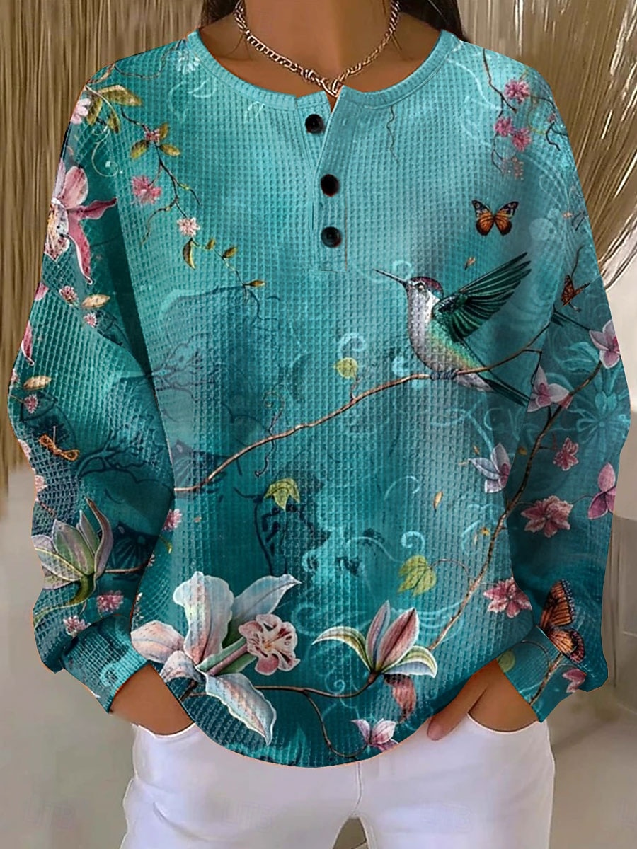 Women's Pullover Sweatshirt Buttons Print Floral Graphic Vintage Casual Long Sleeve Crew Neck Regular Tops Casual Street Dailywear Blue Yellow Pink Purple Spring Fall Winter 2026 - $28.99 –P2