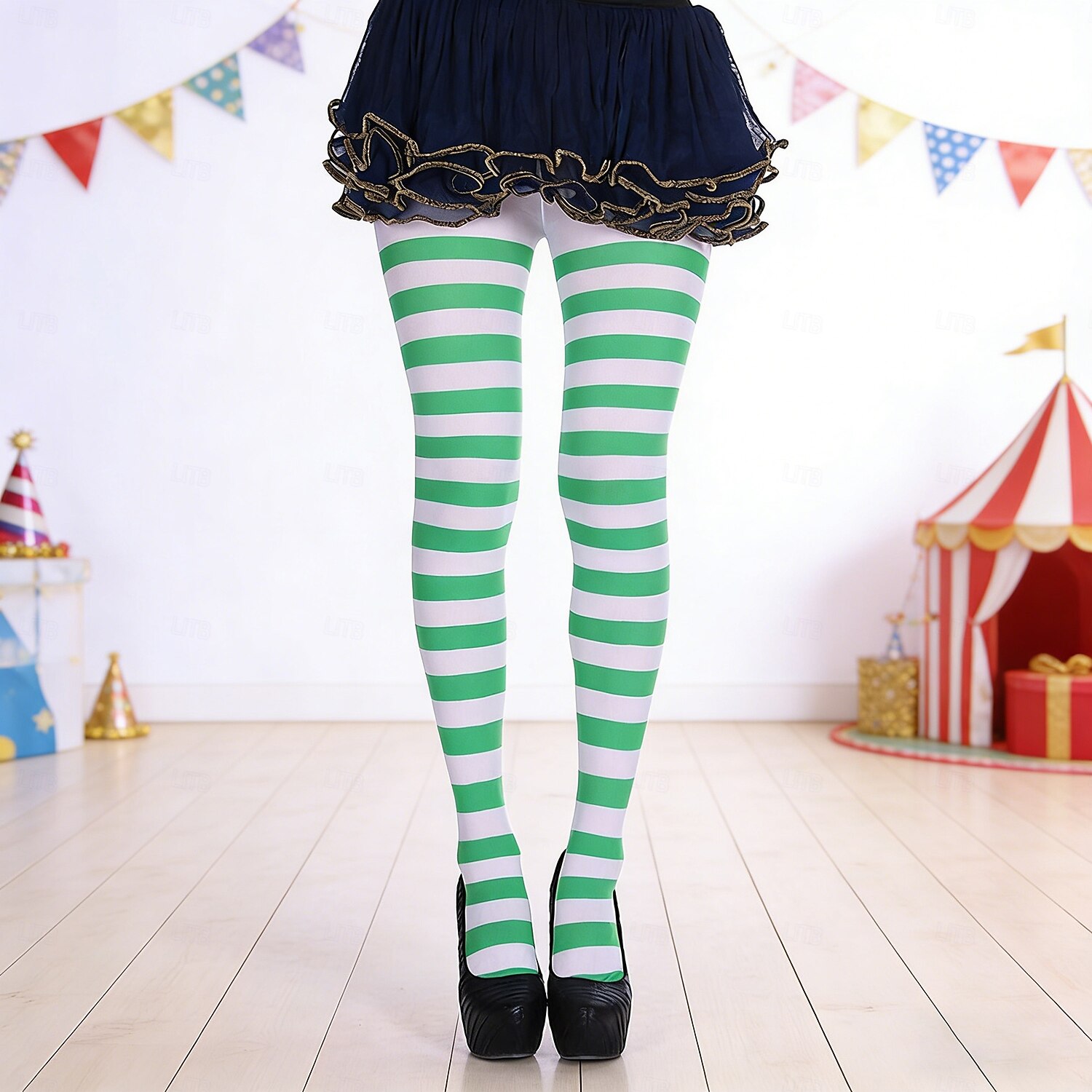 Комплект женских полосатых колготок для карнавальной вечеринки (2 пары), эластичные, выше колена, синие. &Зеленые горизонтальные полоски, забавные карнавальные носки для взрослых, для фестивалей, 2026 - $14.99 –P8