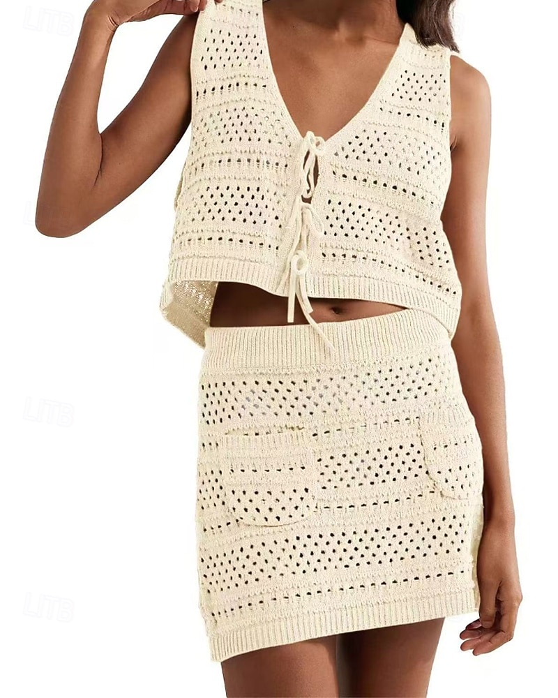 2026年 女性用 スイムウェア 2ピース スカート 水着 切り抜き ニット 旅行度假风 ビーチウェア 平織り Ｖネック ノースリーブ 水着  コレクション – $39.99 –P1
