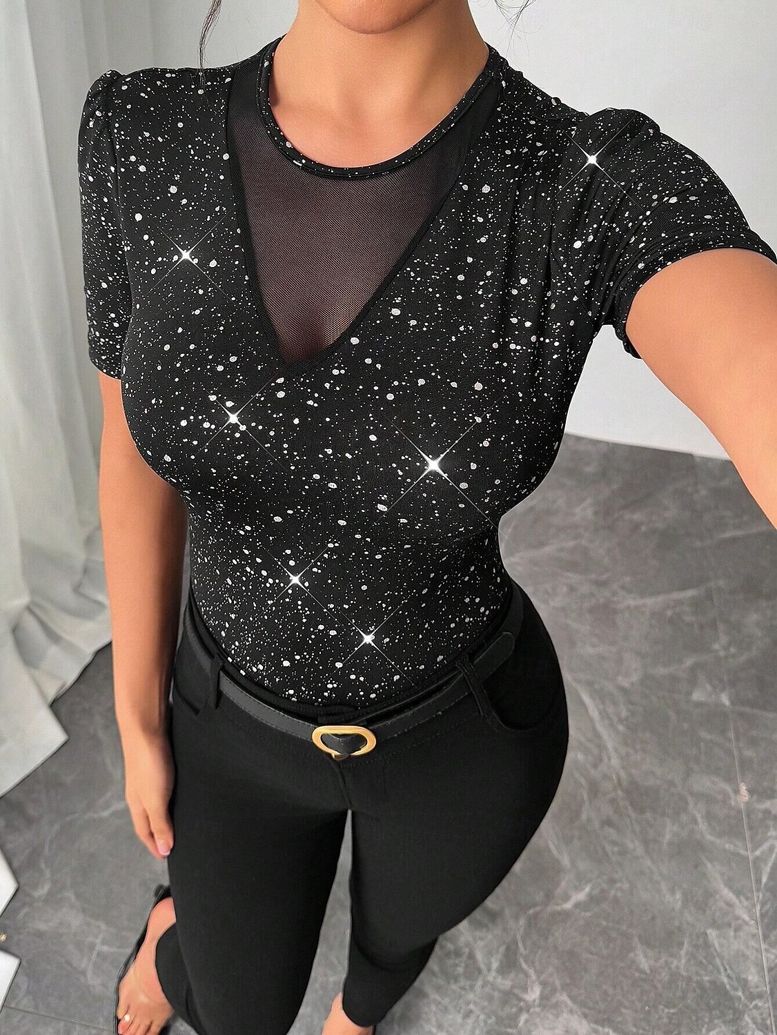 Pentru femei Tricou Paiete Plasă Modă fierbinte Sexy Manșon scurt Stil Nautic Rotund Topuri obișnuite Ieșire Sfârșit de săptămână Ținute de petrecere Negru Vară Primăvară 2026 - $22.99 –P3