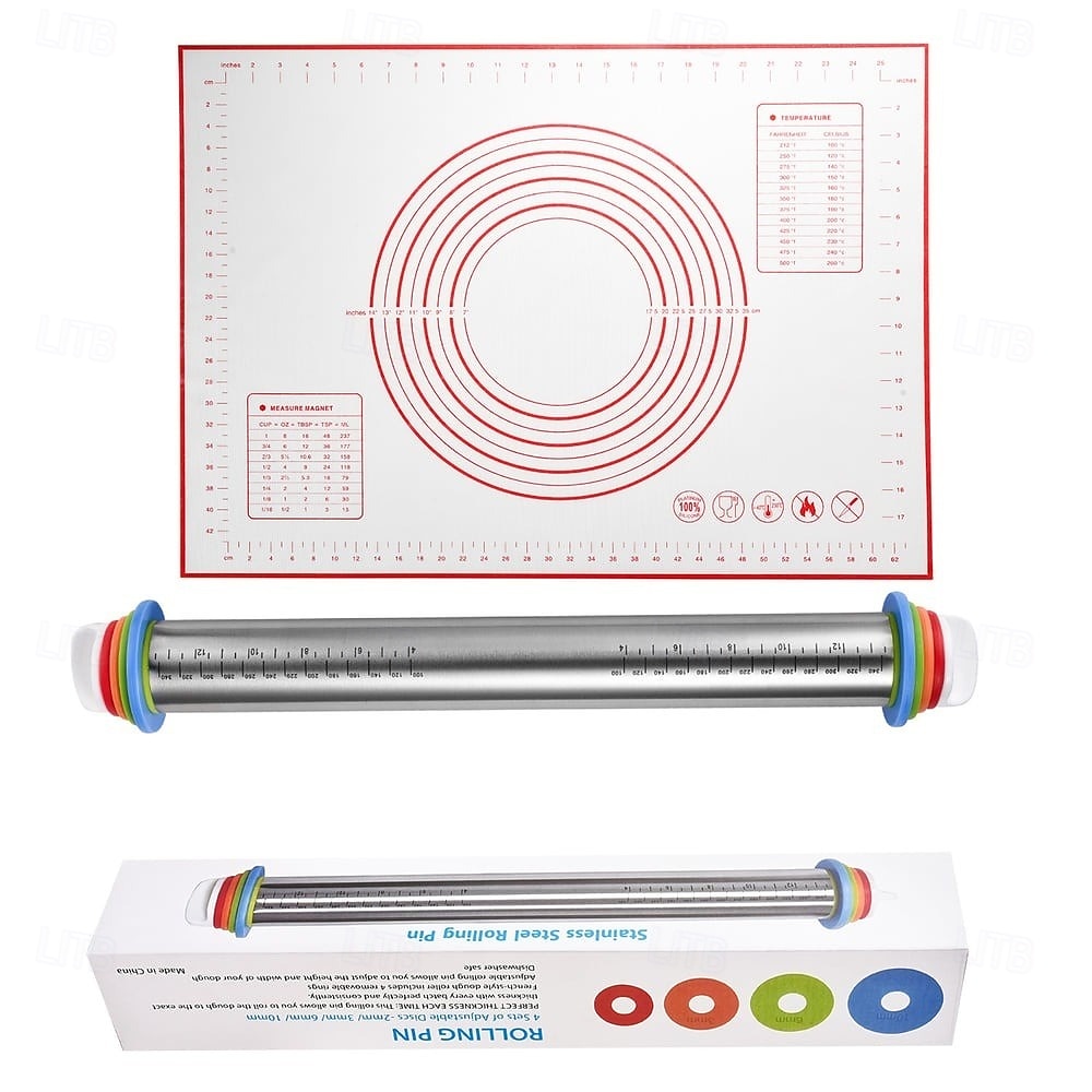Deegroller met verstelbare dikte en mat, roestvrijstalen deegroller met maatverdeling, verstelbare dikte voor het bakken, inclusief mat en deegset voor gemakkelijk uitrollen. 2026 - $26.99 –P11