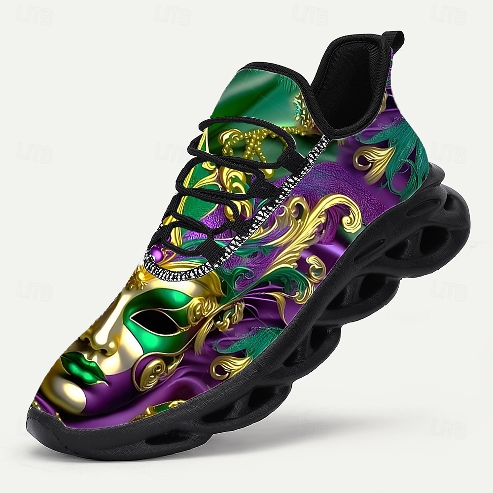 2026年 男性用マルディグラ鮮やかなカーニバルスニーカー、マスクとコンフェッティデザイン – 明るくて快適なフットウェア、パレード、パーティー、フェスティバルに最適  コレクション – $42.99 –P2