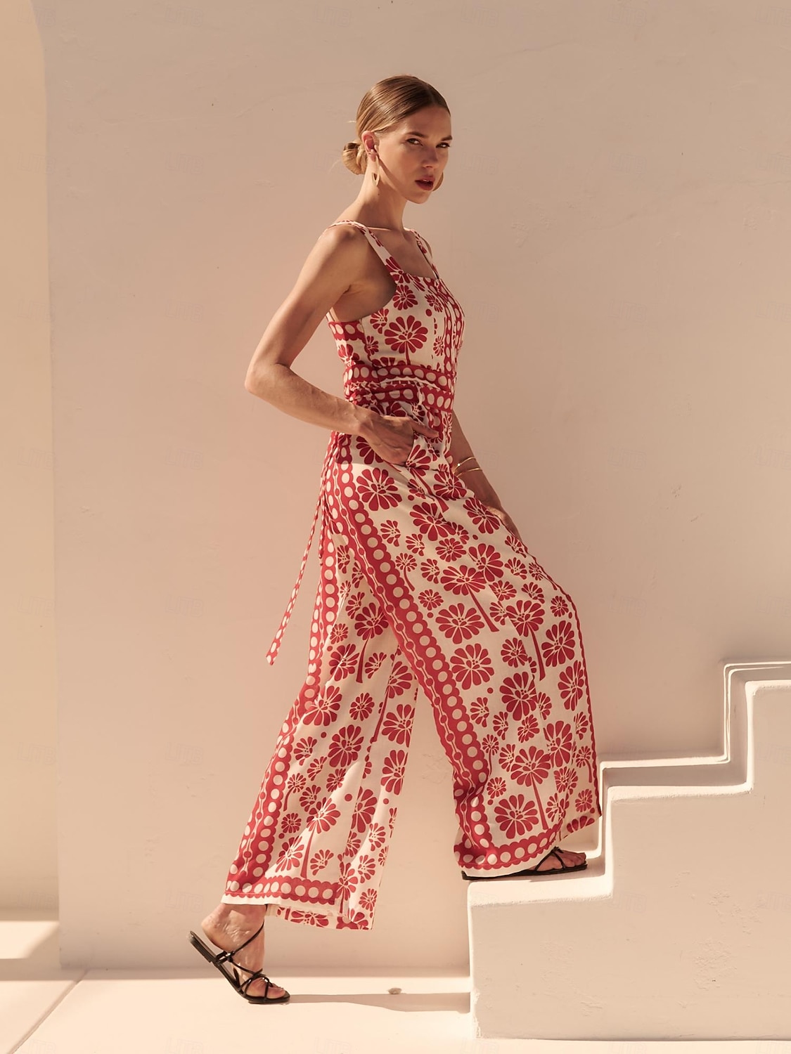 tuta da vacanza con stampa floreale geometrica in raso del 2026 a $136.99 –P1