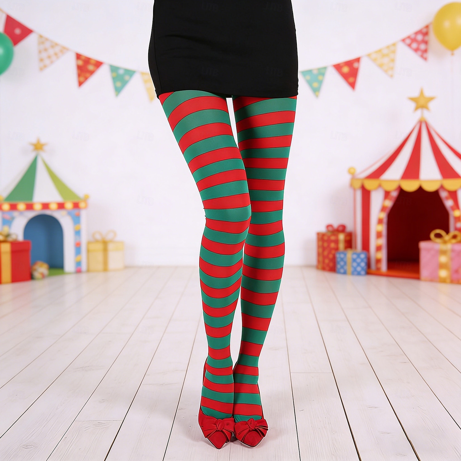 Комплект женских полосатых колготок для карнавальной вечеринки (2 пары), эластичные, выше колена, синие. &Зеленые горизонтальные полоски, забавные карнавальные носки для взрослых, для фестивалей, 2026 - $14.99 –P6