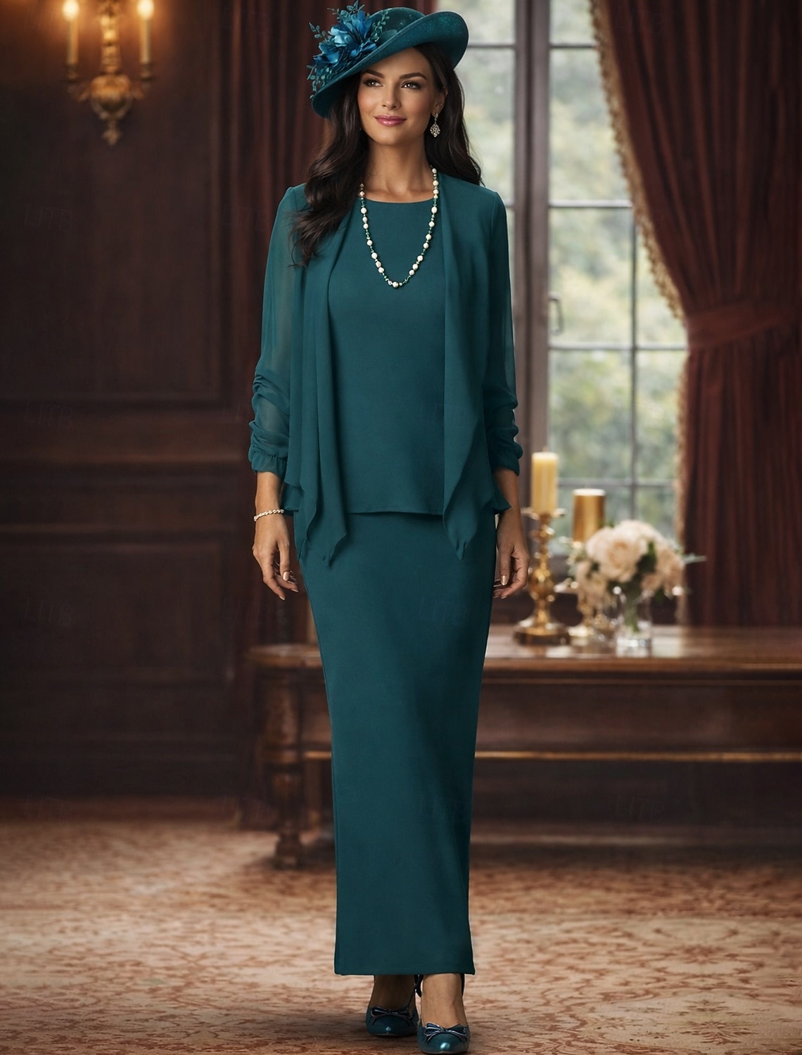 Duas Peças Tubinho Longo Vestido de convidada de casamento Vestido Para Mãe dos Noivos Manga Longa Scoop pescoço Elegante Formal Convidado do casamento Chiffon Embrulho incluido com Cor Única de 2026 por $142.99 –P4