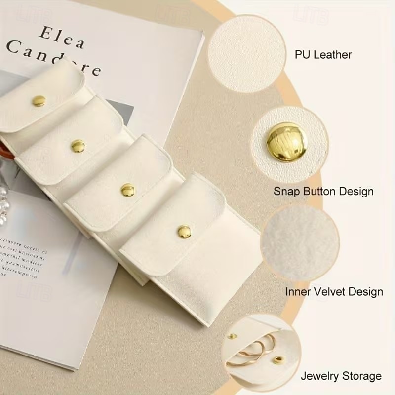 2026年 スナップデザインのPUレザージュエリー収納バッグ10個入り。3.15 x 3.15インチ。リング、ネックレス、様々な色のアクセサリーの収納に最適です。  コレクション – $20.99 –P4