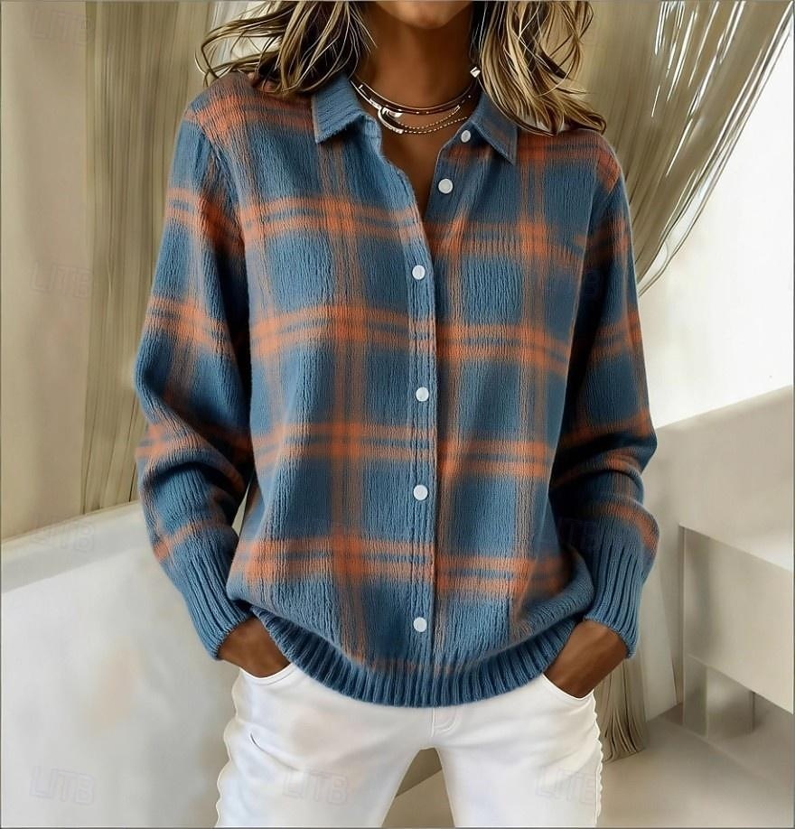 Жен. Вязаная ткань Кардиган Элегантный стиль Мода Уличный стиль Сплошной цвет В клетку Рубашечный воротник Пэчворк Пуговицы Трикотаж Длинный рукав Обычные топы Вязать 2026 - $21.99 –P5