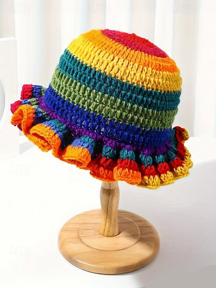 2026年 女性用クロシェラッフルバケットマルディグラハット – カーニバル、コスチュームパーティー、ボヘミアンシックスタイル用の多色レインボーニットフェスティバルキャップ  コレクション – $14.99 –P8