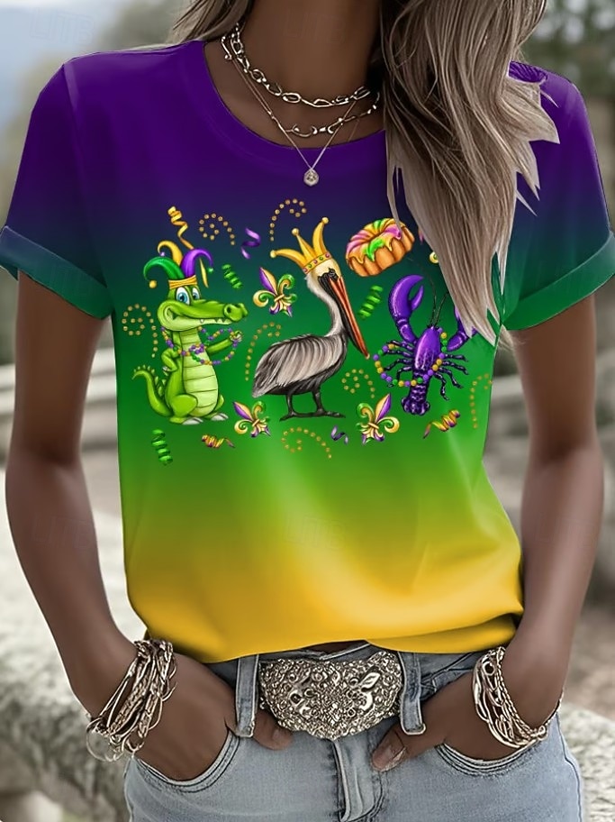 Karnawał Mardi gras Damskie Podkoszulek Nadruk Graficzny Zabytkowe Moda Elegancki Krótki rękaw Długi rękaw Półgolf Zwykłe topy Codzienny Fioletowy Lato Wiosna 2026 - $22.99 –P1