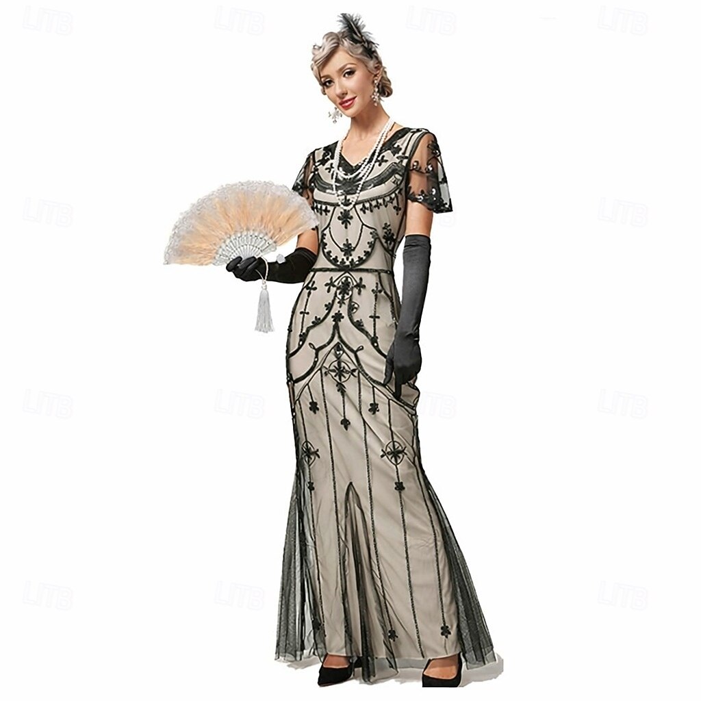 Roaring 20s 1920s Ankle Length Long Length Dress Wedding Party Bachelor Party Illusion Sleeve Short Sleeves The Great Gatsby Wedding Guest Sequins