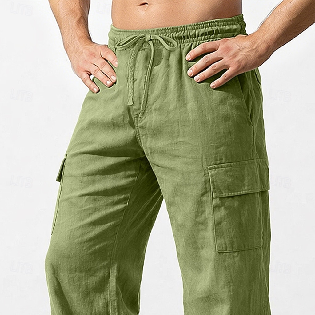 Men's Cargo Pants Linen Pants Trousers Summer Pants Drawstring Elastic Waist Multi Pocket Plain Comfort Breathable Full Length Casual Daily Holiday Vacation Fashion Black White Inelastic 2026 - $28.99 –P6