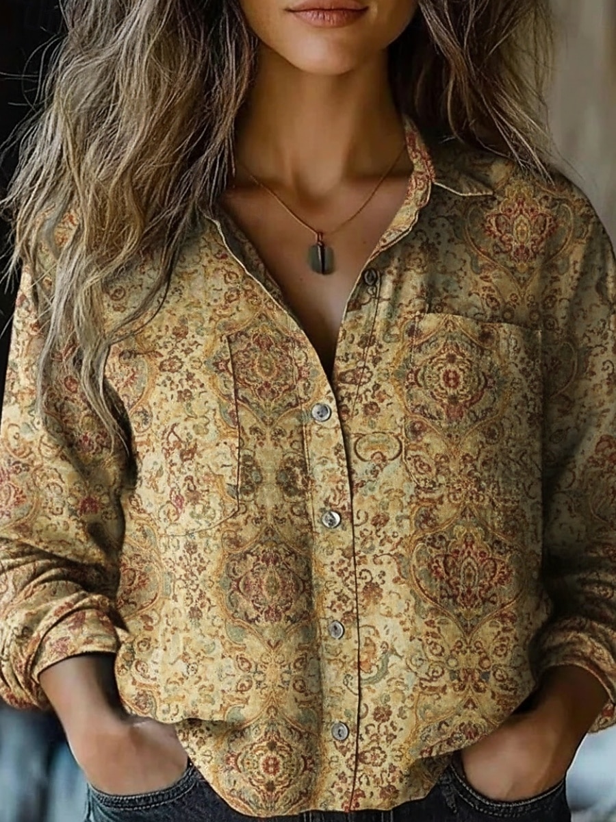 Damen Hemd Boho-Hemd Knöpfe Druck Blumen Vintage Stilvoll Ethnisch Langarm Hemdkragen Normale Oberteile Täglich Ferien Ausgehen Wein Khaki Frühling Herbst 2026 - $12.99 –P2