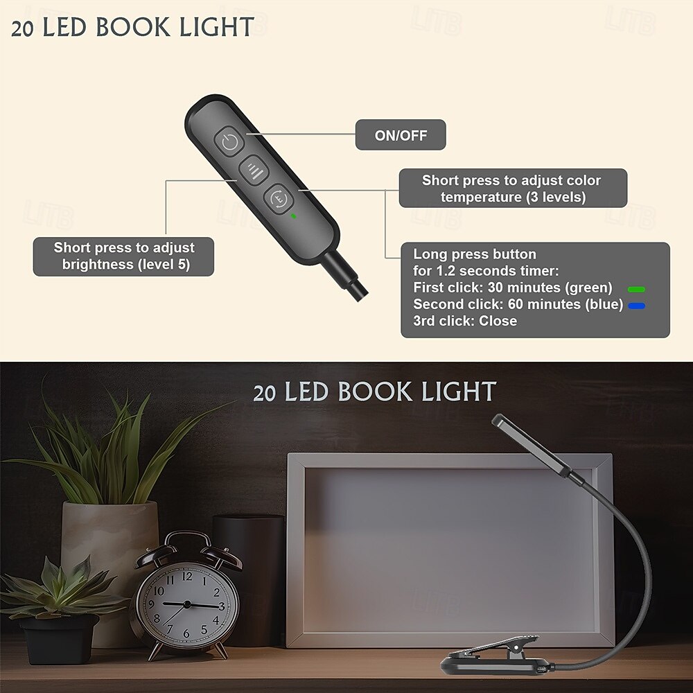 2026年 充電式読書灯。ベッドでの読書に最適。20個のLEDとメモリ機能付き。3つの色温度、5つの明るさレベル。フレキシブルなグースネック、軽量なクリップブック読書灯。  コレクション – $20.99 –P3