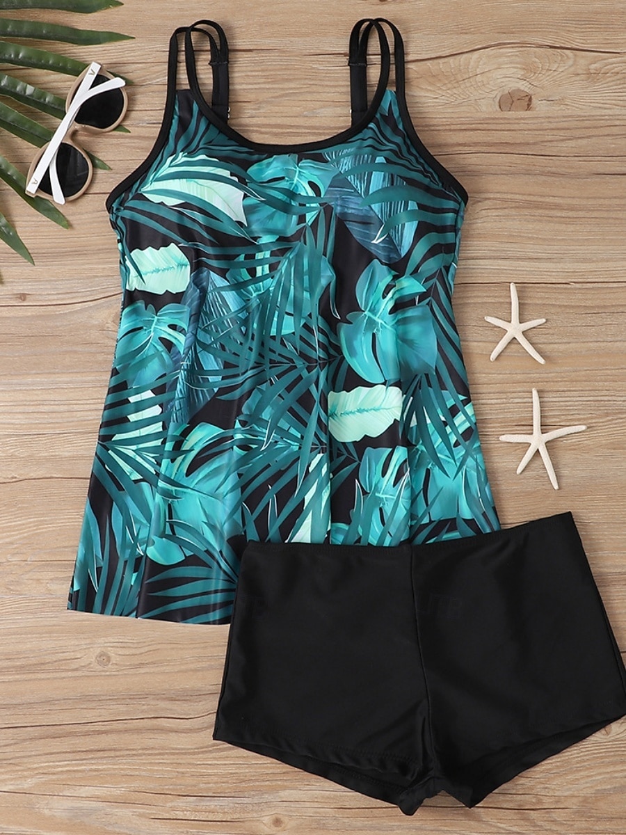 Maillot de bain tankini 2 pièces femme palmiers short contrôle du ventre taille haute slim dos nu vacances plage dégradé géométrique col en U sans manches de 2026 ? $33.99 –P12