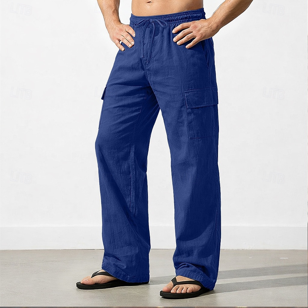 Men's Cargo Pants Linen Pants Trousers Summer Pants Drawstring Elastic Waist Multi Pocket Plain Comfort Breathable Full Length Casual Daily Holiday Vacation Fashion Black White Inelastic 2026 - $28.99 –P11