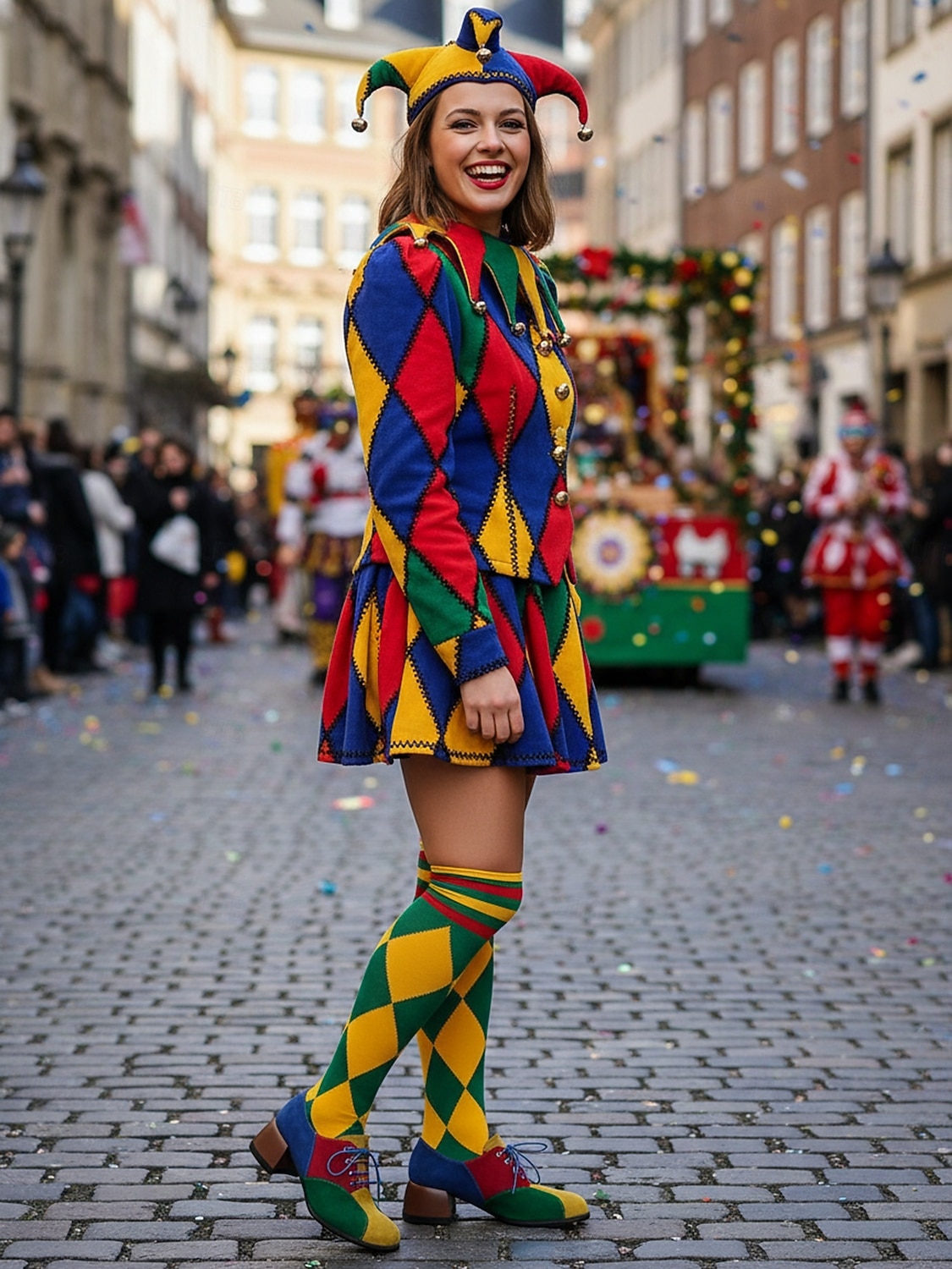 Flerfargede oxfordsko med blokkhæl til dame – retro pumps med snøring i fargeblokker for karnevalskostymer, klovner og funky hverdagsklær 2026 - $34.99 –P5