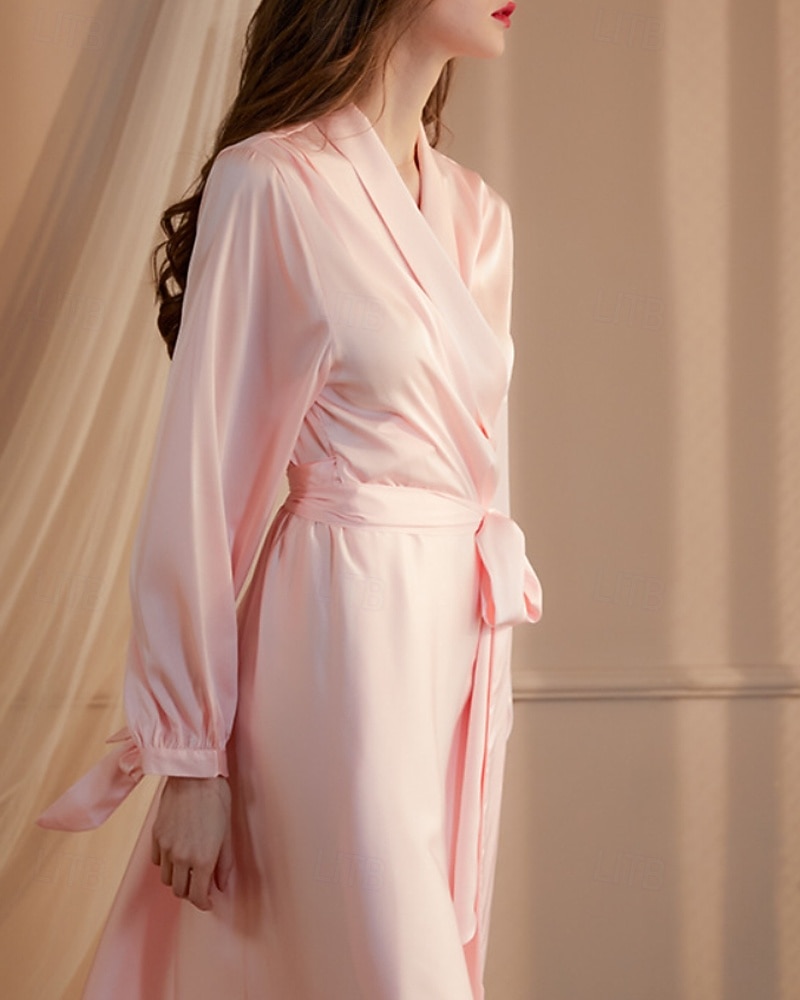 Dámské Župan Na běžné nošení Měkké Satén Čistá barva Nabírané šaty Šněrování Denní Domů Postel Dlouhý rukáv Do V Černá Bílá Šampaňská Světlá růžová Fialová Léto Jaro Běžný 2026 - $54.99 –P4