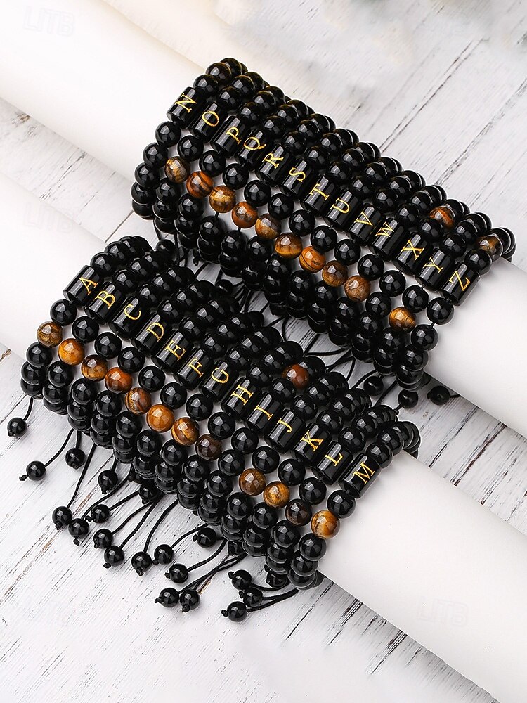 Justerbart armbånd i naturstein for menn med alfabetbokstavdesign, kan tilpasses med 26 bokstaver, perfekt for gave, uformelle anledninger og spesielle anledninger 2026 - $7.99 –P3