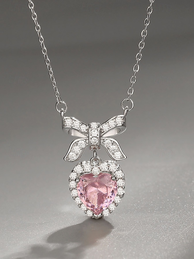 damski naszyjnik ze stopu metali w kształcie serca z kokardką, dostępny w kolorze białym i różowym, idealny na Walentynki 2026 - $11.99 –P3