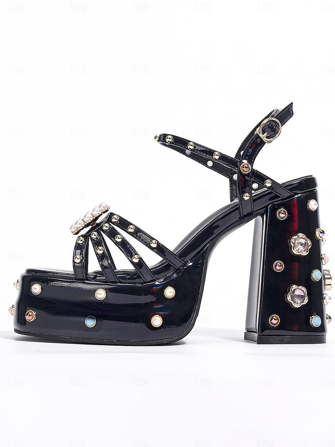 Damen-Plateausandalen mit klobigem Absatz und Strasssteinen &Perlenschnalle, glamouröse Metallic-Schuhe für Damen, perfekt für Partys im Nachtleben und Karnevalsfeiern. 2026 - $59.99 –P2