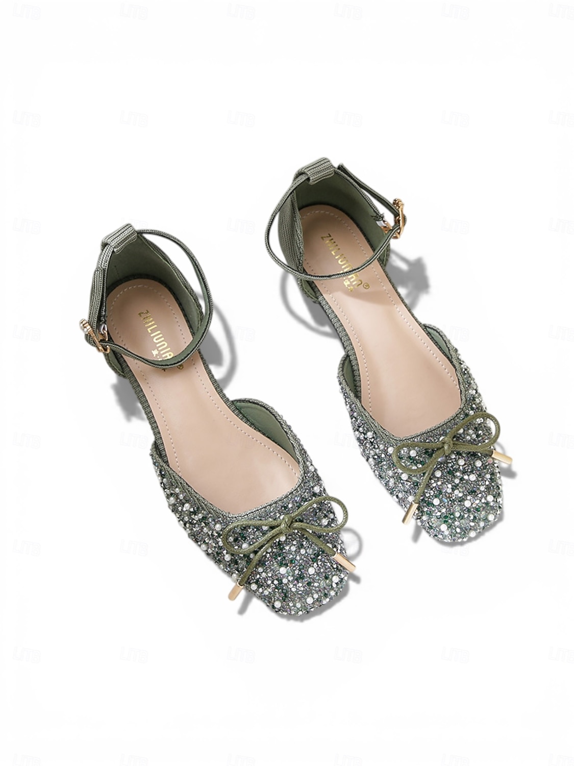 Women's Green Rhinestone Ballet Flats - Sparkly Bow Ankle Strap Dress Shoes  for St. Patrick's Day Celebration, Irish Festival & Party Wear 2026 - $42.99