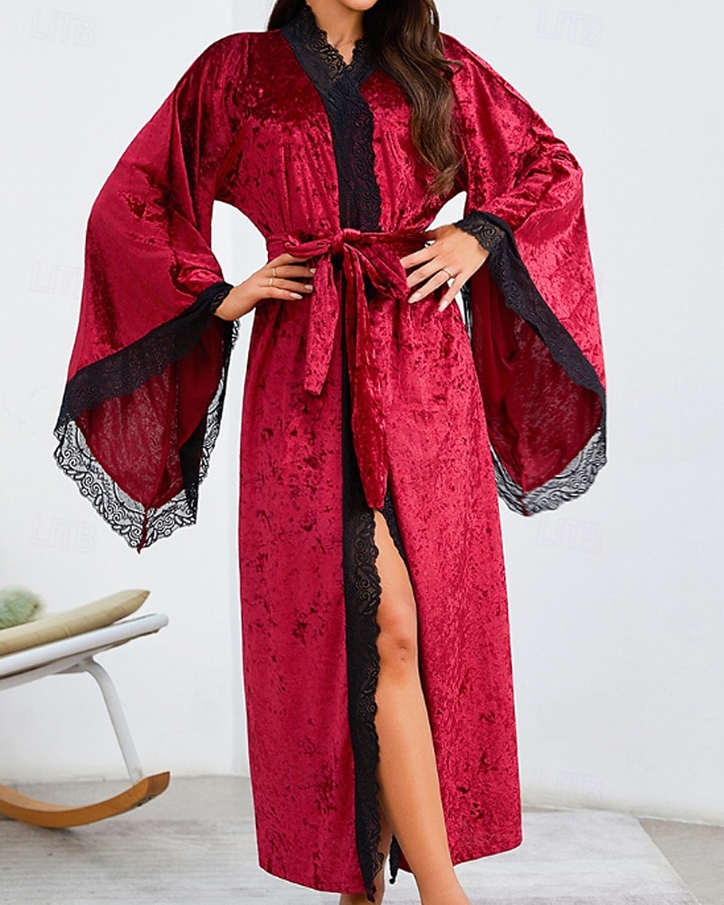 Women's Robe Casual Soft Satin Pure Color Lace Patchwork Daily Home Bed Long Sleeve V Neck Black White Wine Summer Spring Loose Fit 2026 - E£2245.39 –P1