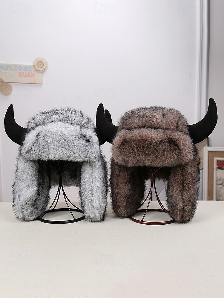 Männliche warme Kunstpelzhorn Mardi Gras Hut | Multi-Farben Tier/Dämon Stil Bomber-Cap | Perfekt für Karneval Maskerade  Kostümpartys 2026 - $24.99 –P3