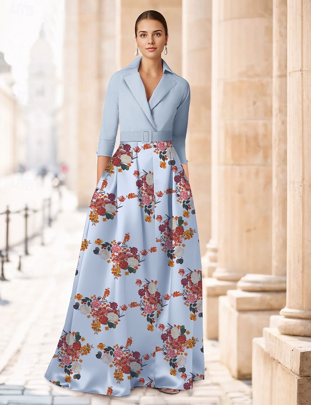 גזרת A עד הריצפה שמלת אורח לחתונה שמלה רשמית שמלת פלייר שמלה לאם הכלה  חצי שרוול צווארון חולצה אלגנטית בלוק צבע פיצול גבוה חתונה רשמי סאטן עם הדפס פרחוני שסע 2026 - $186.99 –P4