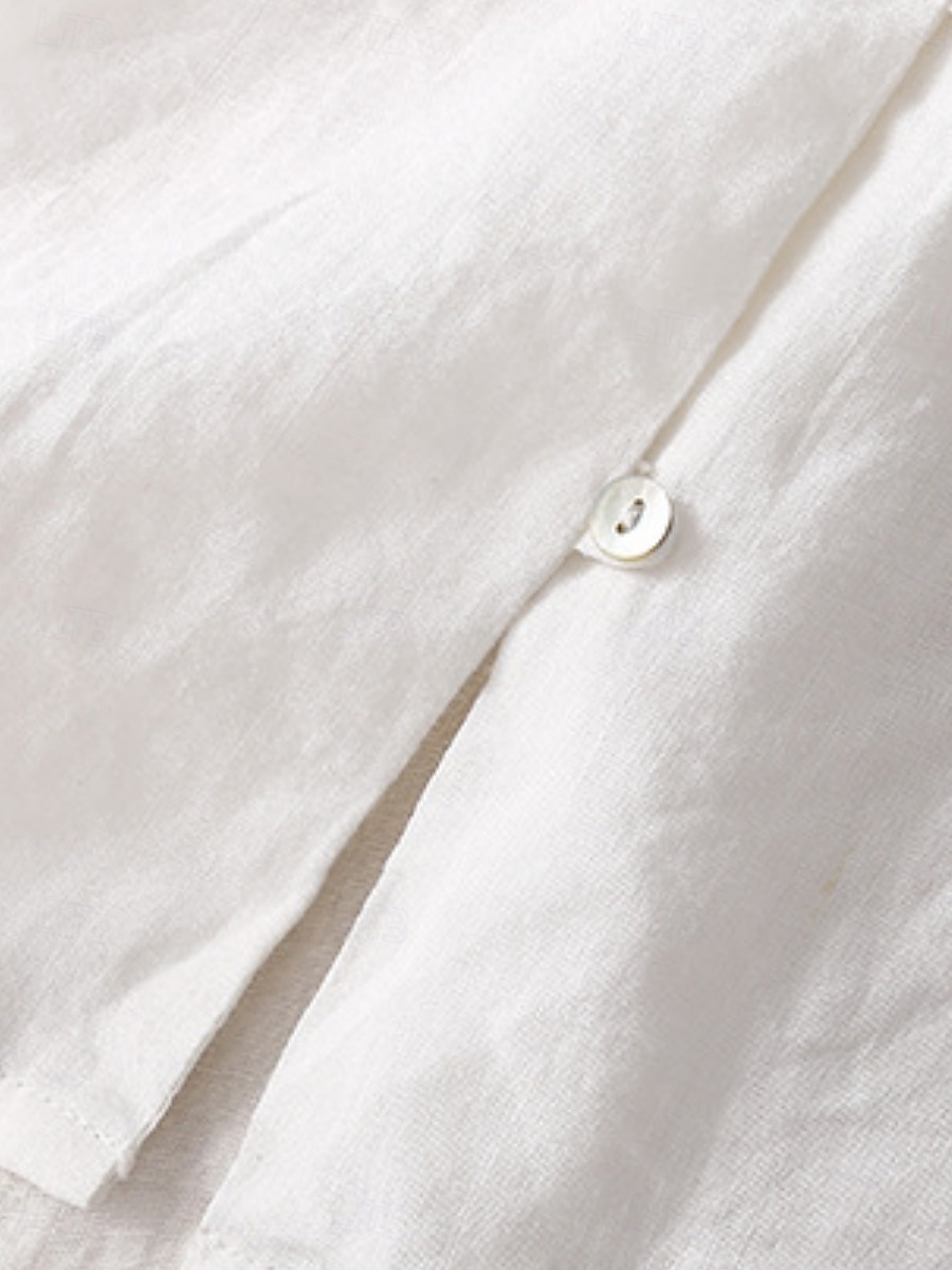 Mulheres Blusa Linho de algodão sintético Bordado Botões Côr Sólida à moda Básico Casual Manga Longa Gola Alta Tops regulares Diário Branco Azul Marinha Verão Primavera de 2026 por $31.99 –P2