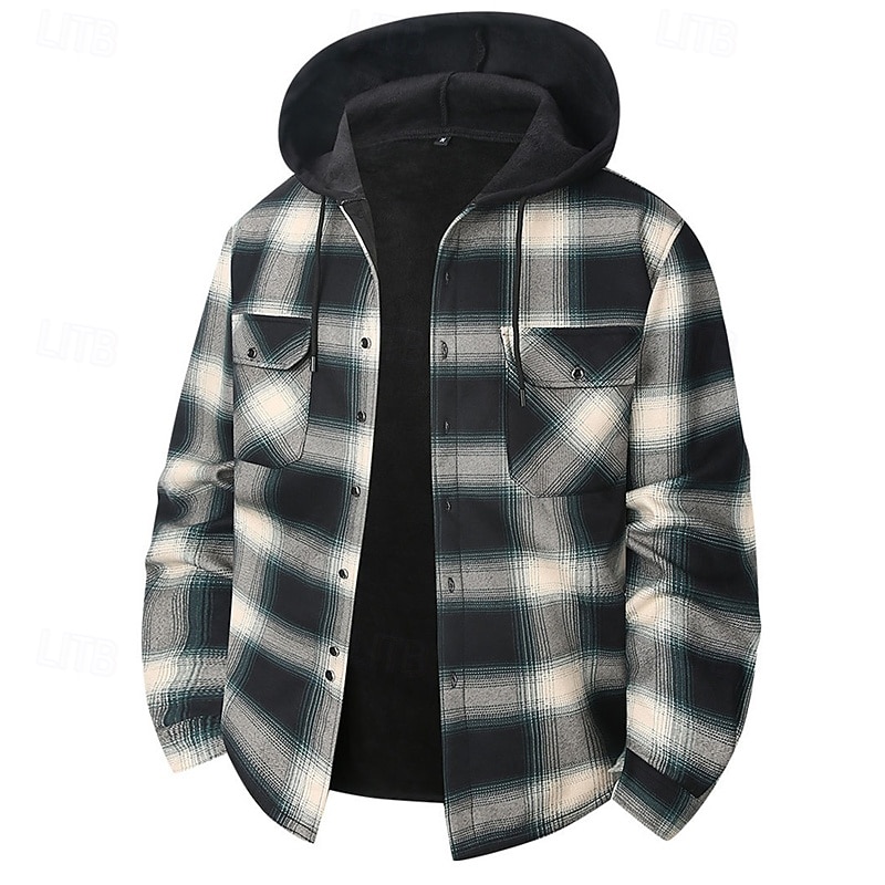 Муж. Зимнее пальто Флисовая жилетка Повседневная куртка Повседневные на открытом воздухе Сохраняет тепло Карман Осень Зима В клетку Уличный стиль Повседневные Капюшон Обычная 2026 - $31.99 –P6