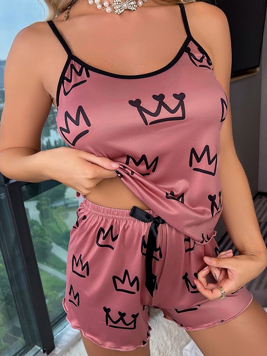 Naisten Yöpukusarja Vapaa-aika Mukavuus Kuvitettu Joustava vyötärö Nauhatoppi Shortsit Päivittäin Koti Hihaton hihnat Sininen Musta Punastuvan vaaleanpunainen Kesä Kevät Normaali 2026 - $21.99 –P2