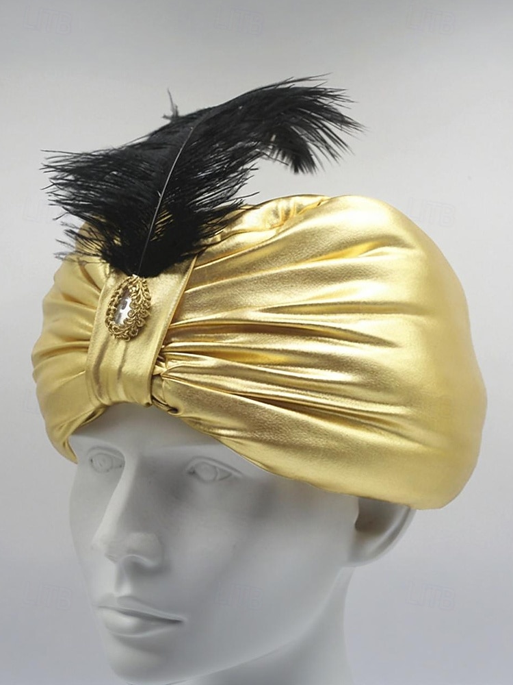 Pánský zlatý metalický polyesterový klobouk na Mardi Gras s peřím a broží - princ sultán nebo arabská pokrývka hlavy pro karneval a maškarní akce 2026 - $14.99 –P3
