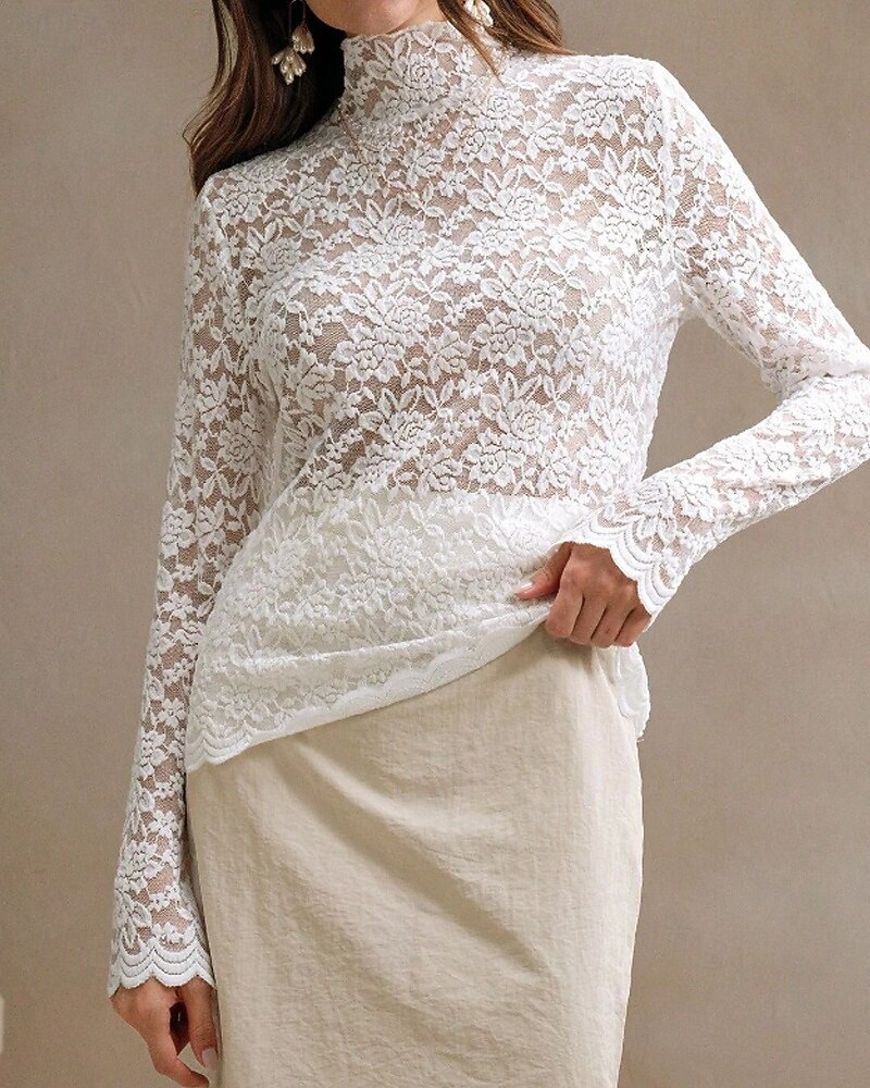 Damen Bluse Spitzentops Spitze Einfach Stilvoll Langarm Rollkragen Normale Oberteile Täglich Ferien Ausgehen Weiß Frühling Herbst 2026 - $26.99 –P3