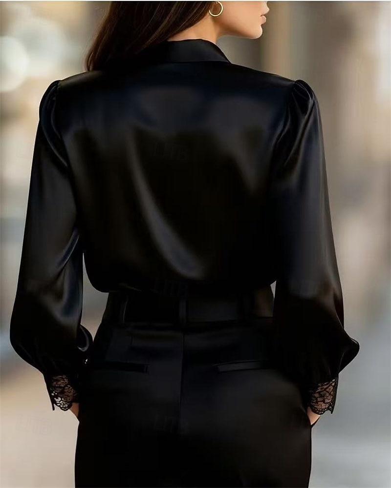 Women's Shirt Elegant Satin Top Blouse Ruched Lace Patchwork Plain Elegant Vintage Daily Long Sleeve Puff Sleeve V Neck Regular Tops Daily Work Holiday Black White Fall Winter 2026 - $31.99 –P2