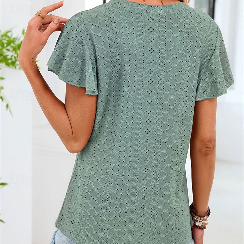 Pentru femei Cămașă Tricou Bufantă Peteci Capsă Culoare solidă Elegant Modă Clasic Manșon scurt În V Topuri obișnuite Zilnic Ieșire Sfârșit de săptămână Negru Alb Roz Îmbujorat Trifoi Vară Primăvară 2026 - $19.99 –P8