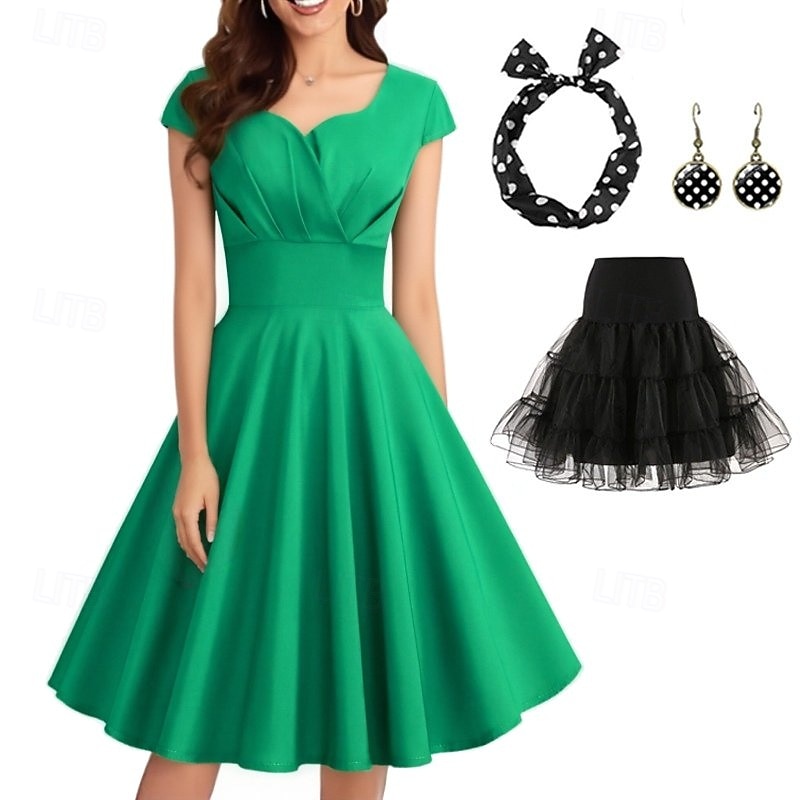 Retro Vintage oblečení z 50. let Grease Rockabilly A-line šaty Kloboukové šaty na Vánoční večírek Puntíkové plesové šaty dámské na večírky večerní maškarní dospělácké šaty náušnice čelenka jaro 2026 - $40.99 –P7