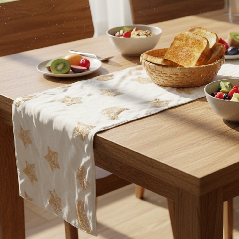 Ramadan Eid Nordic Green & Gold Star & Moon Sequin Embroidered Table Runner, Scandinavian Style, Holiday and Daily Dining Room Decor, Perfect for Parties and Sideboard Decoration 2026 - $17.49 –P5