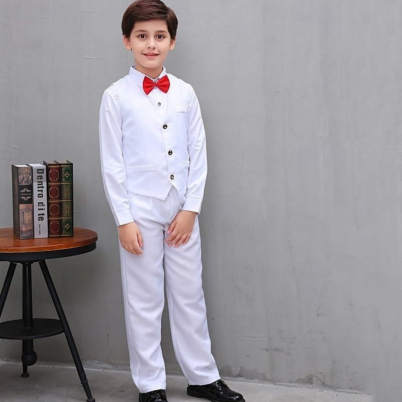 Costume de garçon d'honneur 4 pièces avec gilet & chemise  &Pantalon garçon, costume habillé décontracté, tenue de soirée tendance pour les fêtes en extérieur, basique et élégant, couleur unie bleu, de 2026 ? $33.99 –P11