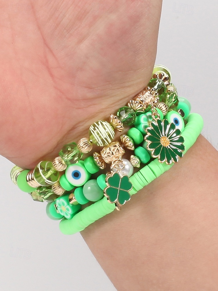 Conjunto de pulseiras femininas para o Dia de São Patrício, pulseiras empilháveis de várias voltas com contas verdes, estilo trevo da sorte, materiais de liga metálica e cristais sintéticos, joias festivas irlandesas para mulheres. de 2026 por $9.99 –P6