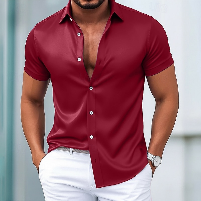 Hombre Camisa para Vestido Camisa de satén de seda Color sólido Diario Exterior Bleu Ciel Negro Blanco Vino Manga Corta Cuello Vuelto Verano Primavera Ropa Puro 2026 - $10.99 –P8