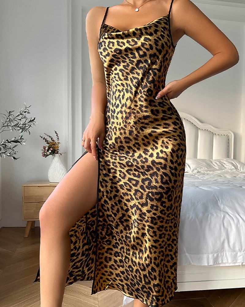 Per donna Camicia da Notte Casual Morbido Raso Leopardo Senza schiena Vestiti Quotidiano Casa Da letto Senza Maniche Spalline Nero Rosa Rosso Blu marino Marrone Estate Vestibilità regolare del 2026 a $22.99 –P2