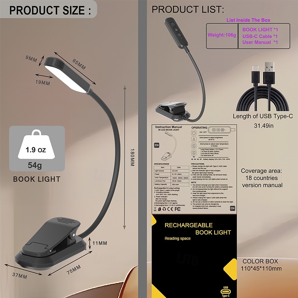 2026年 充電式読書灯。ベッドでの読書に最適。20個のLEDとメモリ機能付き。3つの色温度、5つの明るさレベル。フレキシブルなグースネック、軽量なクリップブック読書灯。  コレクション – $20.99 –P8