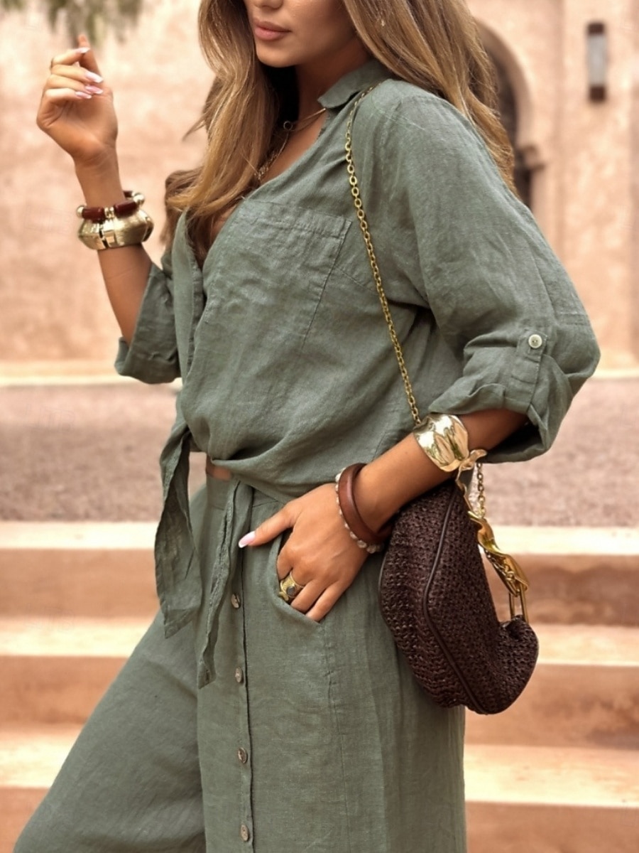 Dame Buksesett Bolero topp Langermet Skjortekrage Helfarge Mote Gatemote Avslappet Daglig utendørs Hvit Mørkegrønn Brun Sommer Løstsittende 2026 - $48.99 –P3